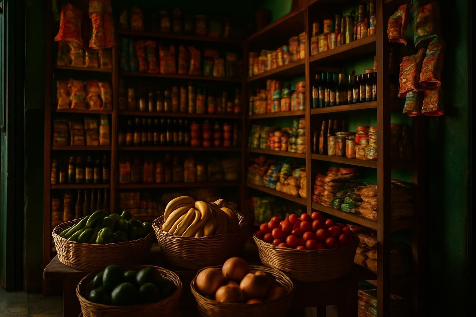 Tienda de abarrotes tradicional con canastas de fruta fresca