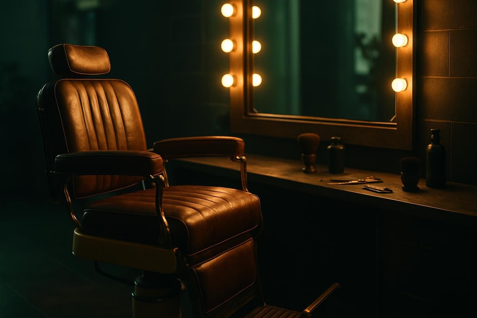 Barbería y salón de belleza con sillón clásico y espejo iluminado