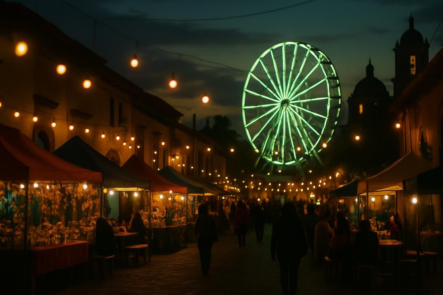 Feria nocturna en una plaza con luces y rueda de la fortuna