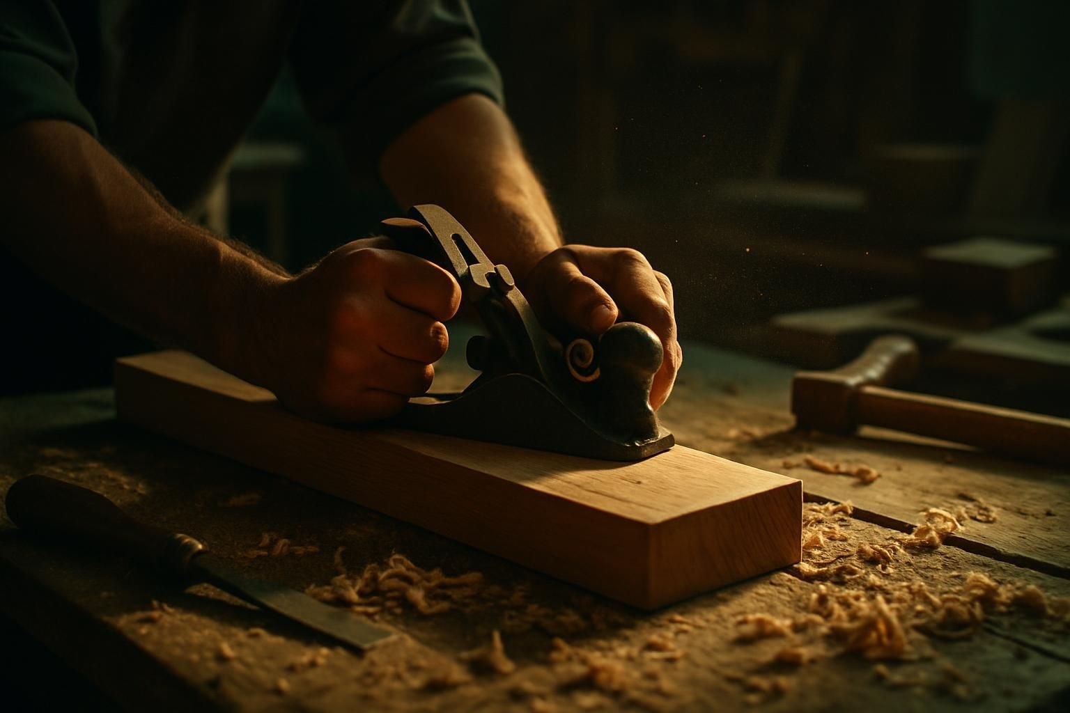 Manos de un carpintero trabajando madera en su taller