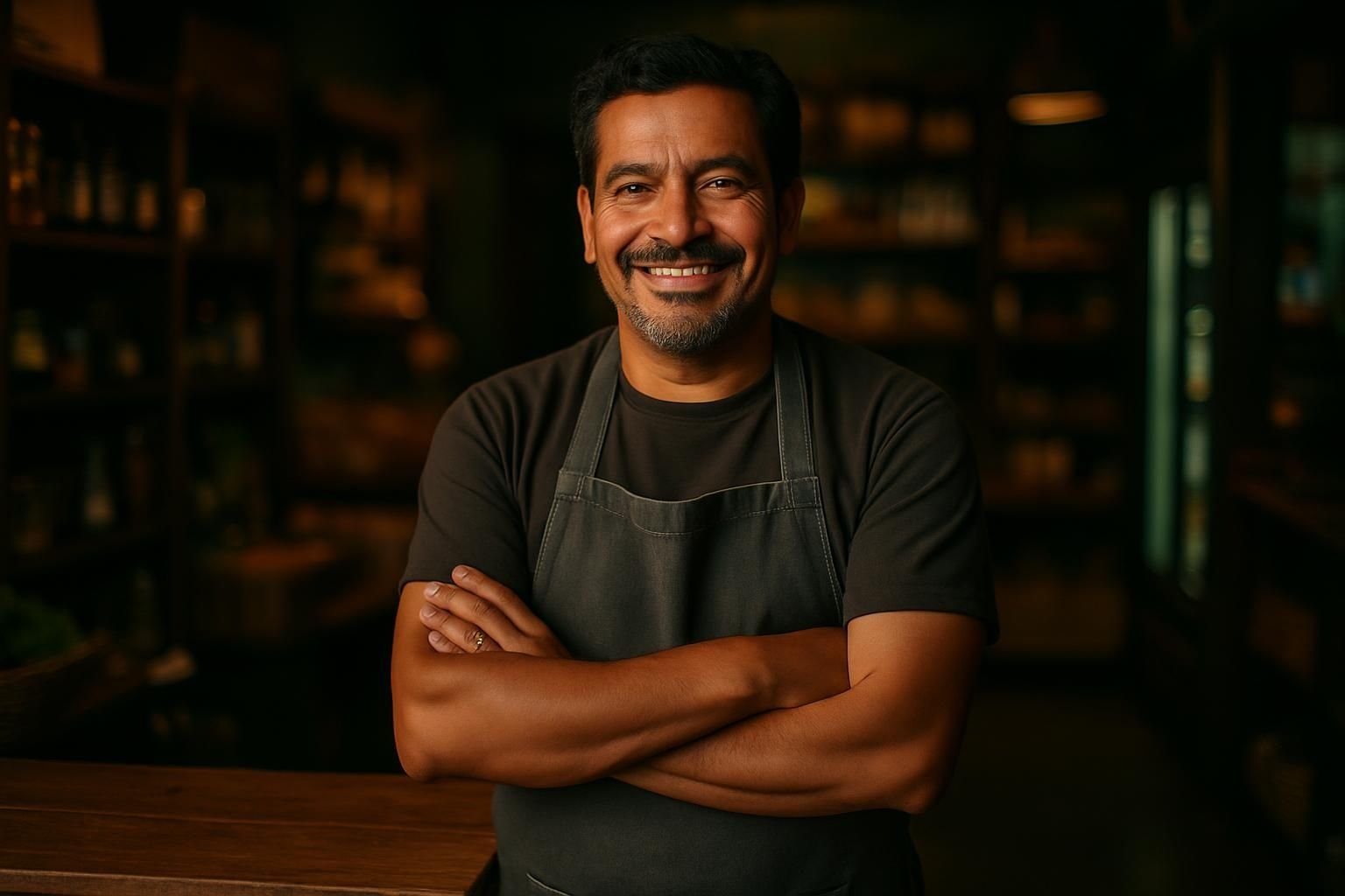 Dueño de un negocio local sonriendo en el mostrador de su tienda